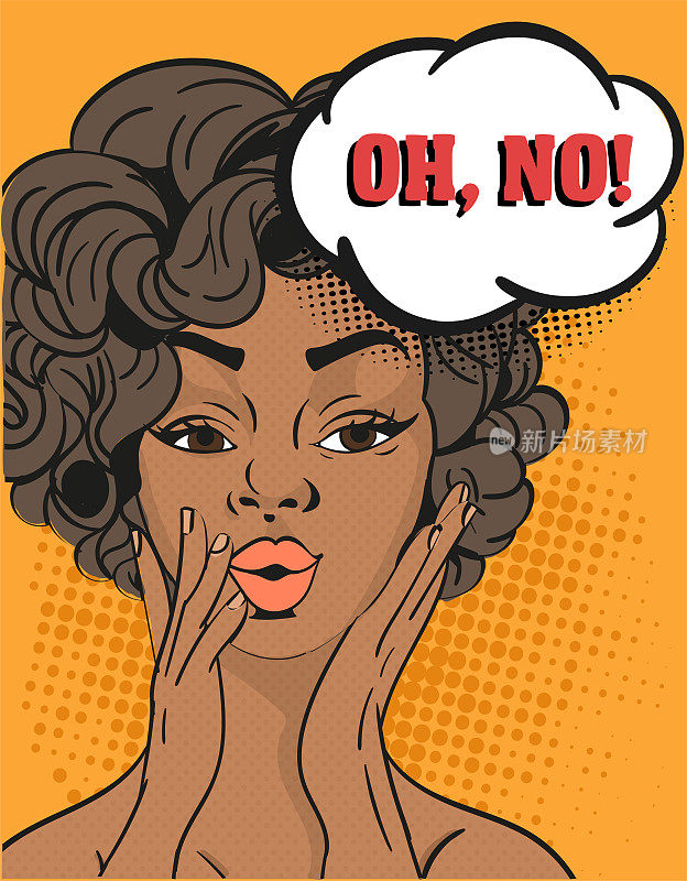 Pretty dark skinned woman exclaiming - Oh, No raising her hands to her cheeks with a concerned expression, colorful pop art vector illustration